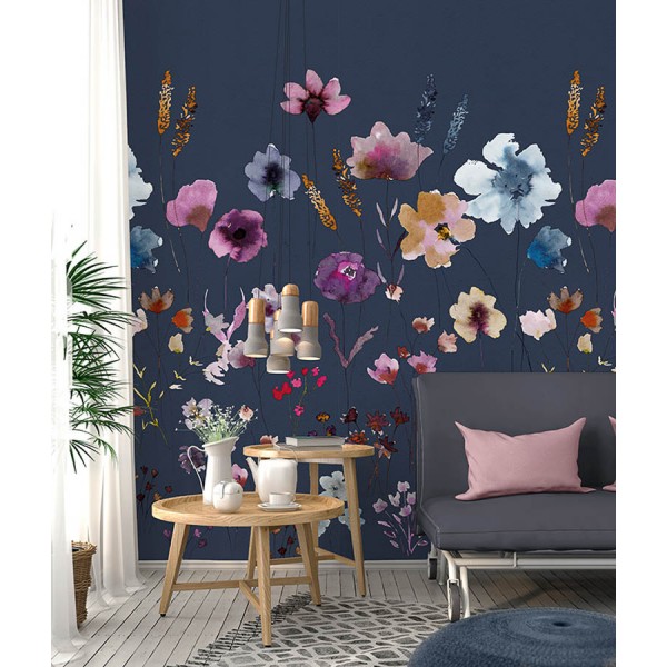 Colorful sötétkék design tapéta nagy, színes virágokkal (vlies, 200 x 280 cm) INK7285