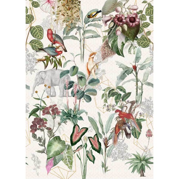 Floral posztertapéta, növények, maradarak, elefánt (vlies, 200x280 cm) INK7591