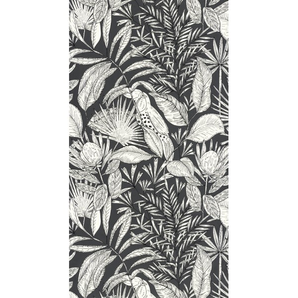 Olinda trópusi növénymintás tapéta papagájjal, fekete-fehér 103019039