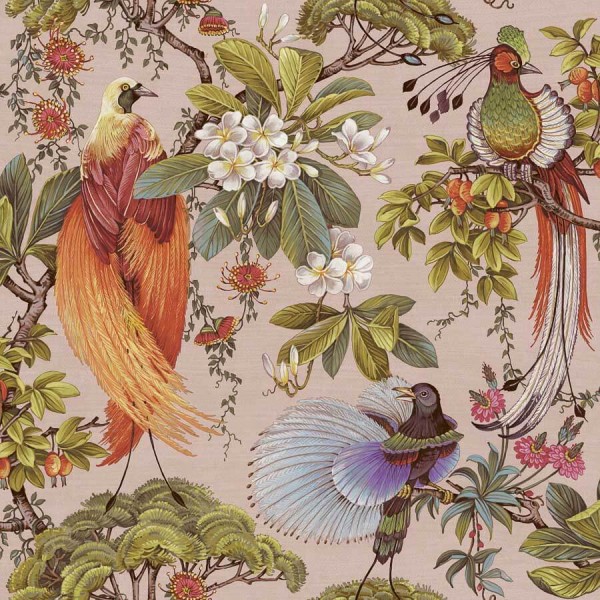 Cascading Gardens trópusi madár- és növénymintás tapéta pasztell rózsaszín  háttérrel 91403