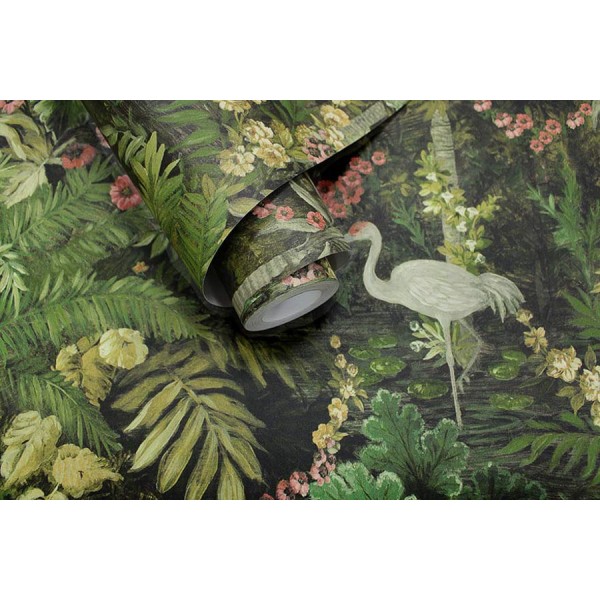 Cascading Gardens trópusi madár- és növénymintás tapéta, zöld 91442