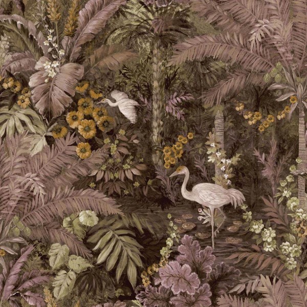 Cascading Gardens trópusi madár- és növénymintás tapéta, pasztell mályva 91443