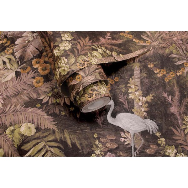 Cascading Gardens trópusi madár- és növénymintás tapéta, pasztell mályva 91443