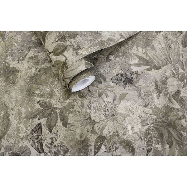 Cascading Gardens szürke barna beton hatású tapéta virágokkal és madárral 91452